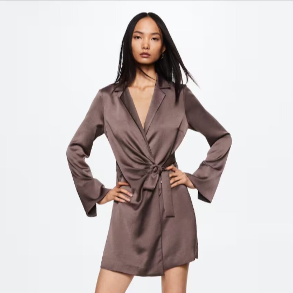 Mango MNG Women Brown Long sleeve Satin Party and events Shirt Dress Size XS
